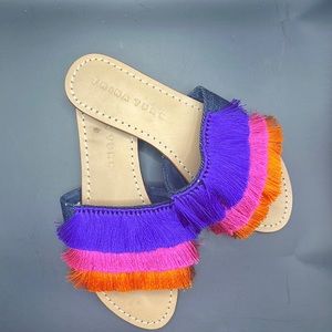 Trina Turk dark denim and colorful fringe slides size 6